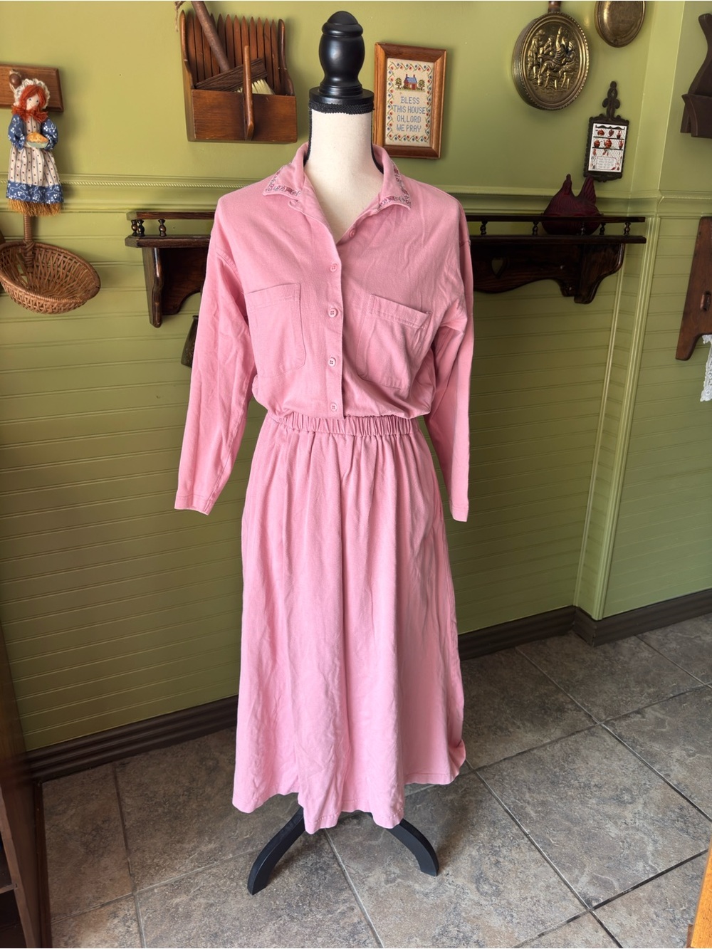 Pink Long Sleeve Shirt Dress with Elastic Waist